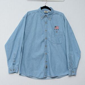 Blue Pointe large cotton blue button up shirt USA Flag embroidered western VTG